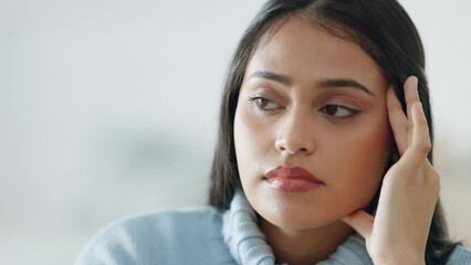 Canvas Print - Stress, headache and face of woman suffering with anxiety and migraine while sitting alone at home. Frustrated, pain and worry with female holding head in discomfort, tension and stressed issue