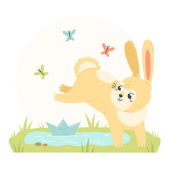 Wall Mural - A happy rabbit is playing with a paper boat in a cartoon flat style. The bunny character jumps through a puddle. Spring illustration.