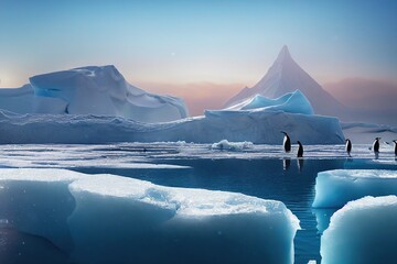 Wall Mural - Emperor penguins on the ice in the Antarctic. Cold Antarctic and ice blocks. 3D rendering