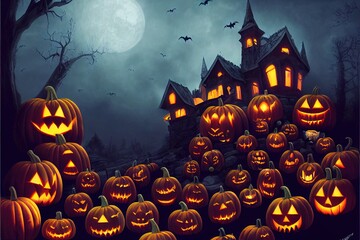 Wall Mural - A dramatic, mystical Halloween backdrop. A full moon shines in the sky, a flock of bats flies in the dark sky. Near the castle lie pumpkins with candles. 3D render