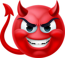 A Red Devil Or Satan Emoji Emoticon Man Face Cartoon Icon Mascot.