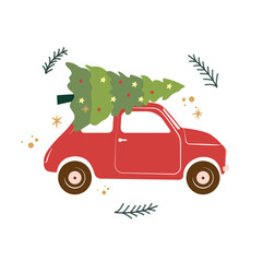 Sticker - Vector illustration of a retro red car with christmas tree on the top