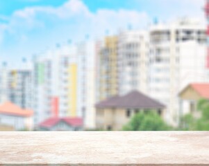 Canvas Print - Wood table on city architech background.