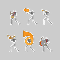 Sticker - Skeleton music band. Skeletons musicians orchestra. Vector illustration