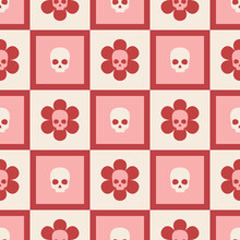 Seamless Vector Halloween Pattern. Pattern With Skull And Flower In Retro Groovy Style
