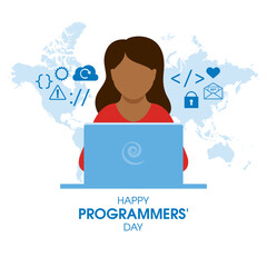 Happy Programmers' Day vector. Female programmer using laptop icon vector. Programming symbols blue silhouette icon isolated on a white background. Software design element. Important day