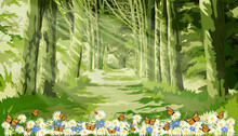 Spring Forest Tree With Sun Rays Falling Into A Thick Jungle,Vector Cartoon Misty Forest Landscape Of Nature With Sun Light Shining In Morning In Green Forest Foliage, Butterfly Flying On Daisy Flower