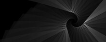 Black Abstract Geometric Nautilus Spiral Wallpaper Background. Elegant Panoramic Professional Minimal Subtle Dark Grey Swirl Design With Copy Space. Luxury Technology Concept 3D Fractal Rendering..