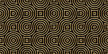 Seamless Golden Art Deco Wavy Stripes And Circles Pattern. Vintage Abstract Geometric Gold Plated Relief Sculpture On Dark Black Background. Modern Elegant Metallic Luxury Backdrop. 3D Rendering..