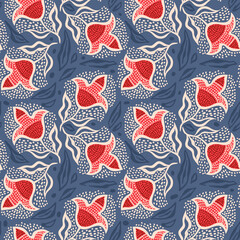 seamless background with graphic pattern with red abstract flowers in ethnic style.