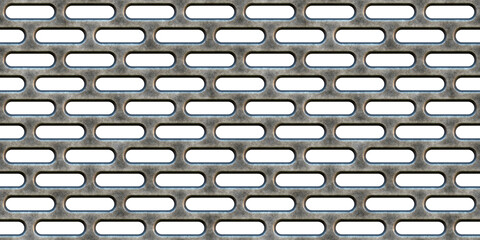 Seamless isolated perforated metal catwalk background texture. Tileable rough grungy silver grey industrial steel pill shaped floor grate, grille or mesh repeat pattern. 3D rendering..