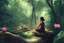 A Beautiful Landscape Of A Tropical Wild Forest, Through Which A Young Flute Girl Is Traveling, Playing Music, Sitting In The Lotus Position On A Huge Leopard That Walks On A Log Of A Fallen Tree