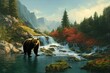 Bear and waterfall nature scenery mountain

