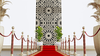 Wall Mural - Red carpet and path barriers leading to arabesque wall, Luxury entrance to vip event or celebrity party, VIP