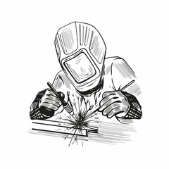 Illustration of a welder in protective clothing at work, a welding machine in the hands of an operator performs welding of iron equipment