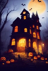 Wall Mural - A dramatic, mystical Halloween backdrop. A full moon shines in the sky, a flock of bats flies in the dark sky. Near the castle lie pumpkins with candles. 3D render