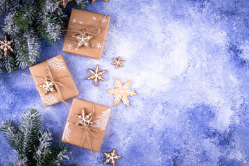 Poster - Christmas gift boxes on blue background