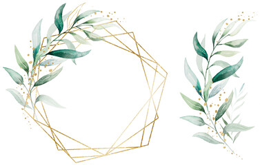 Geometric golden frame and bouquet made of green watercolor eucalyptus leaves, wedding illustration