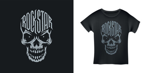 Wall Mural - Rockstar word skull t-shirt design typography. Creative hand drawn lettering art. Rock related text. Vector vintage illustration.
