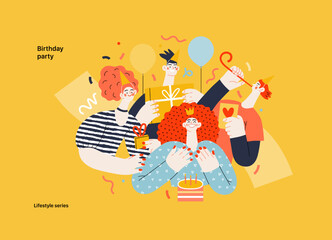 Lifestyle series - Birthday party - modern flat vector illustration of men and women celebrating birthday, giving presents. People activities concept