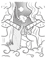 Wall Mural - Beautiful girl smoking cigarette coloring page. Vector coloring for adults