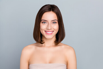 Poster - Portrait of gorgeous smiling female with bob hairstyle showing bright teeth have nude makeup isolated on grey color background