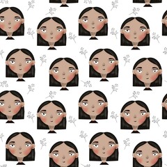 Seamless pattern with girls with black hair. Beautiful girl faces on white background. Illustration for kids design, textile, fabric, paper, books, nursing