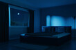 3D rendering of spacious bedroom with cozy box-spring bed illuminated by moonlight at night