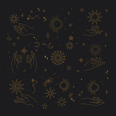 Wall Mural - astrology human hands with stars in boho style. esoteric elements. spirituality and magic symbols.