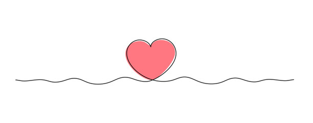 Wall Mural - single line drawing of red heart isolated on white background, love and romance symbol line art vector illustration