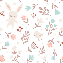 Cute Pattern With Flowers And Baby Animals. Seamless Vector Floral Print For Girls Textile And Fabric.