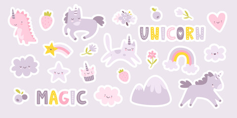 Wall Mural - unicorn animals violet stickers set. cute unicorns and sweets purple collection. girly sticker pack.