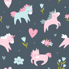 Wall Mural - Cute scandinavian pattern with unicorns. Girly vector seamless print for textile and nursery.