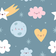 Wall Mural - cute scandinavian baby pattern with sky. kawaii dreamy vector seamless print for pajamas and kids be