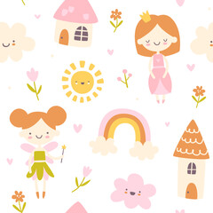 Wall Mural - Cute girly fairytale pattern. Cartoon seamless vector fantasy print for baby textile and nursery.