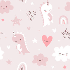 Wall Mural - cute scandinavian baby pattern with unicorn dino. seamless vector pink print for girls fabric.