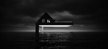 Modern Raised Beach Lake House Black An White Ocean Sea Water Futuristic Cloudy Landscape 3d Illustration Render