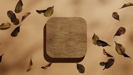 wood pedestal or podium mockup with dried leaves, product beauty display platform, natural wooden background, 3D Rendering