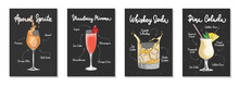 Set Of 4 Advertising Recipe Lists With Alcoholic Drinks, Cocktails And Beverages Lettering Posters, Wall Decoration, Prints, Menu Design. Hand Drawn Vector Engraved Sketches. Handwritten Calligraphy.