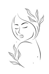 Silhouette of a beautiful woman, female face. Female face. Design element for beauty salon. Black and white vector illustration