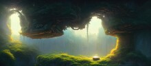 Fantasy Tree House, Abstract Fantasy Landscape, Trees, Grass, Capsule House. 3D Illustration