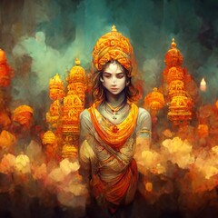 Hinduism inspired concept art. Hindu religious painting. Gods, divinities, colorful geometric shapes with cinematic light and epic set-up. Religious celebration, spirituality, temple.