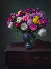 Wall Mural - Still life with mixed bouquet of autumn flowers