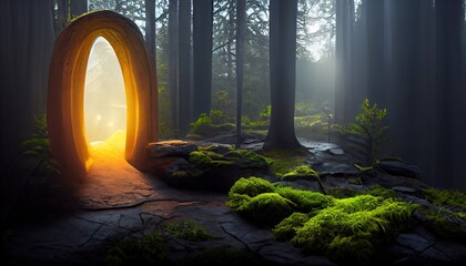 Futuristic portal in the center of the forest to the realm of darkness. Yellow light comes from the portal. The action takes place at dawn. 3d-render.