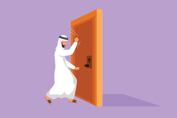 Wall Mural - Graphic flat design drawing Arab businessman knocking at door. Worker standing at entrance of meeting room knocking door. Man in traditional clothes knocking at door. Cartoon style vector illustration