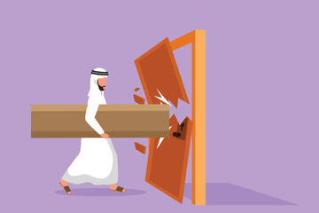 Sticker - Cartoon flat style drawing Arab businessman holding large log and destroying door. Overcome business challenges, and destroying obstacles with power and brute force. Graphic design vector illustration