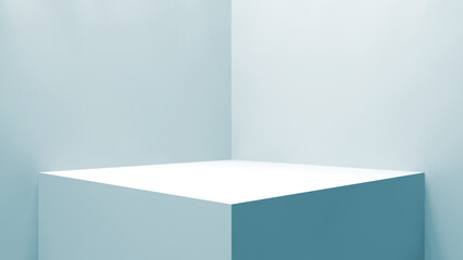 The empty corner stage on the blue wall background with the natural lights. Stage product display background. Blank white display on the floor. Modern style background. 3d render.