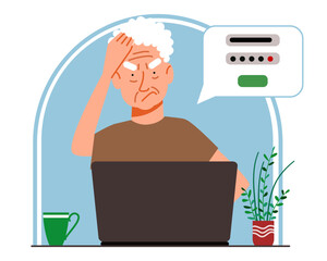 Wall Mural - The concept of an elderly person thinking on a laptop. The old man forgot his password and account login for the web page. Vector illustration in a flat style.