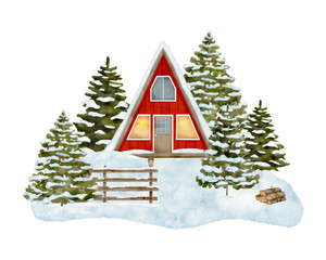 Watercolor red wood cabin in winter forest illustration. Hand drawn modern triangle cottage with snowy fir trees isolated on white background. Cozy Christmas countryside for cards. House in woodland