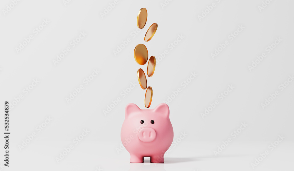 Pink piggy bank money box with gold coins. 3D Rendering Stock ...